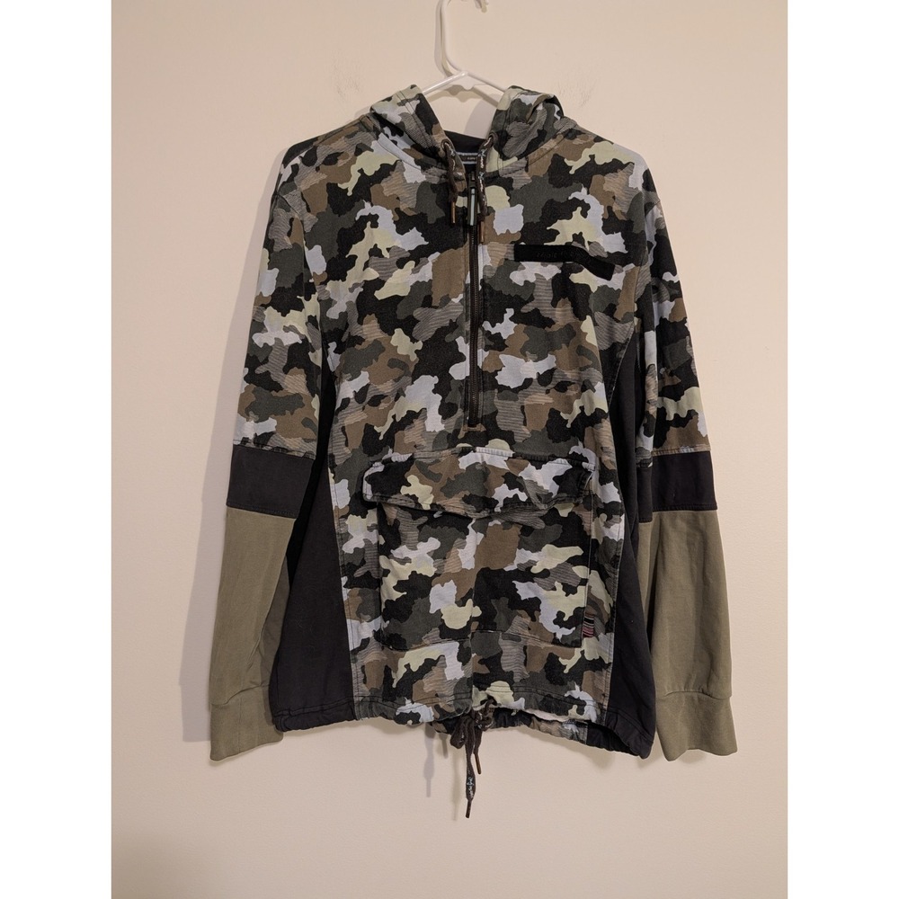 VTG Triple Five Soul 1/2 Zip Up Pocket Hoodie Sweater Size Large Camo Green Blue